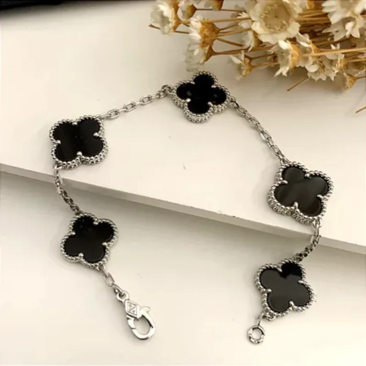 Conjunto Alhambra Trevo Colar 10 Trevos e Pulseira Preto - Prata de Lei