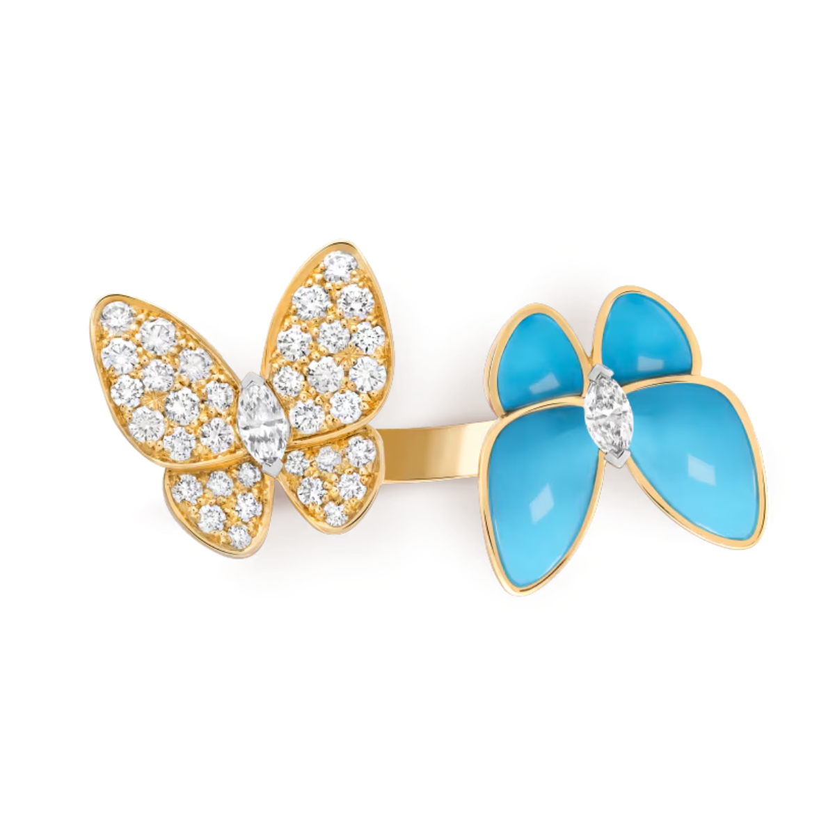 Anel Two Butterfly Pavé e Azul - Ouro 18K