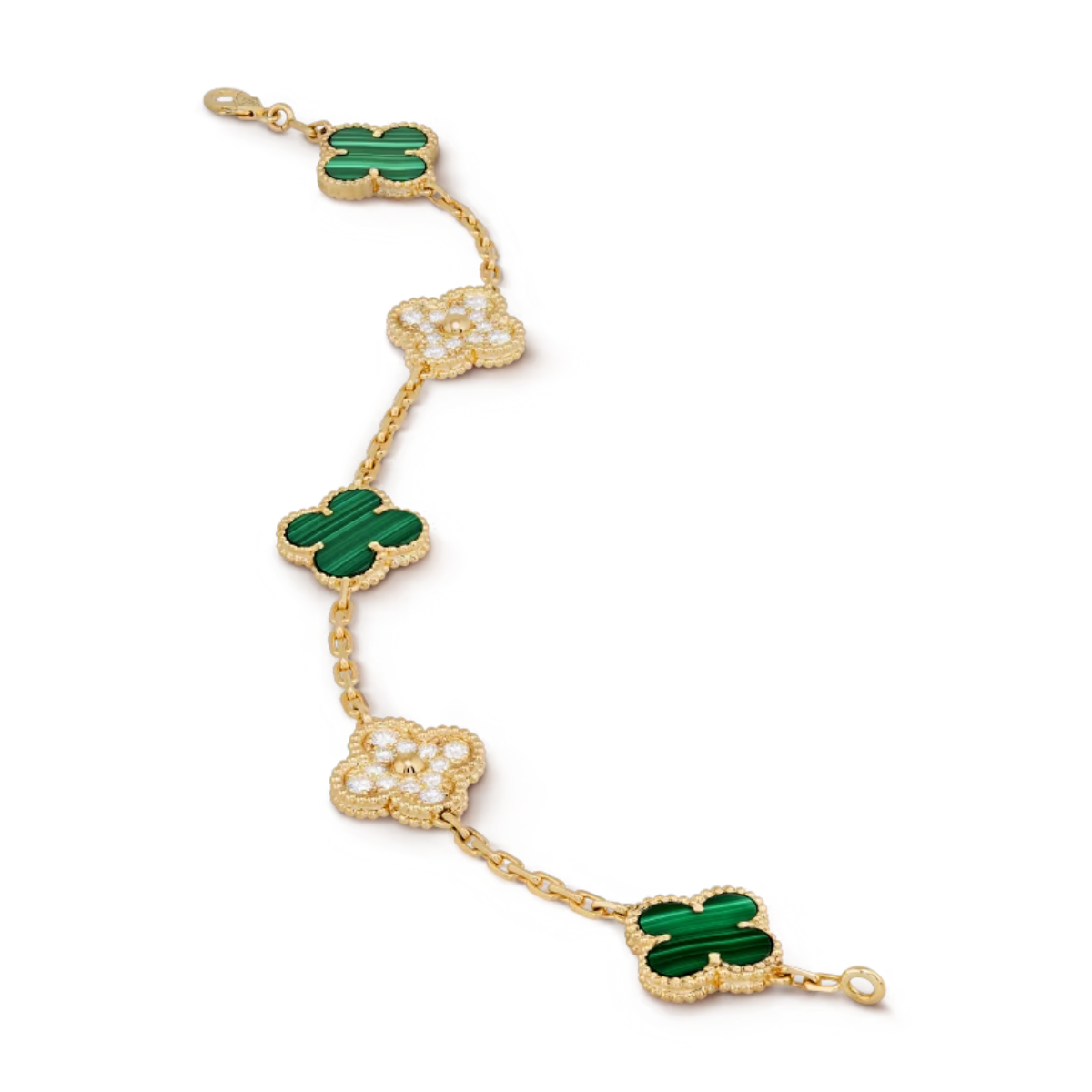 Pulseira Vintage Alhambra 5 Trevos Cravejado Snowflake Verde - Ouro 18K