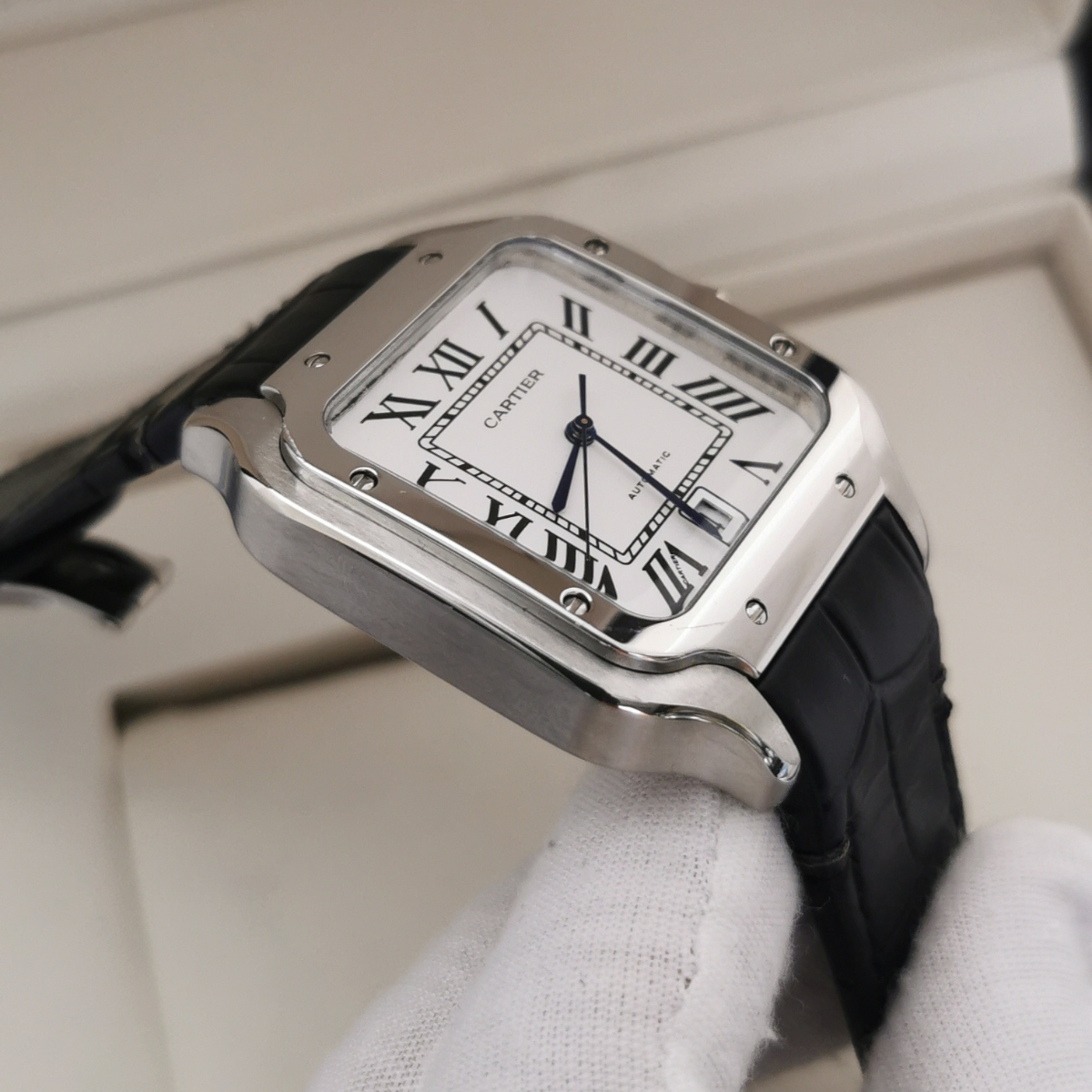 Relógio Santos de Cartier Large Prata Pulseira de Couro
