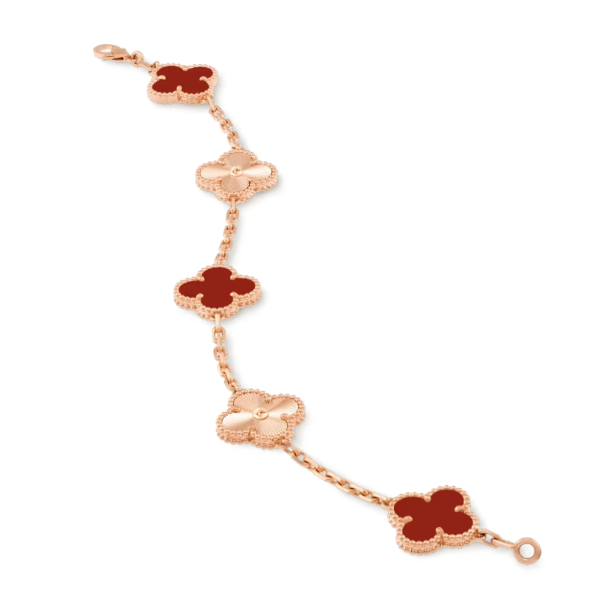 Pulseira Vintage Alhambra 5 Trevos Brilhante Vermelho - Ouro Rose