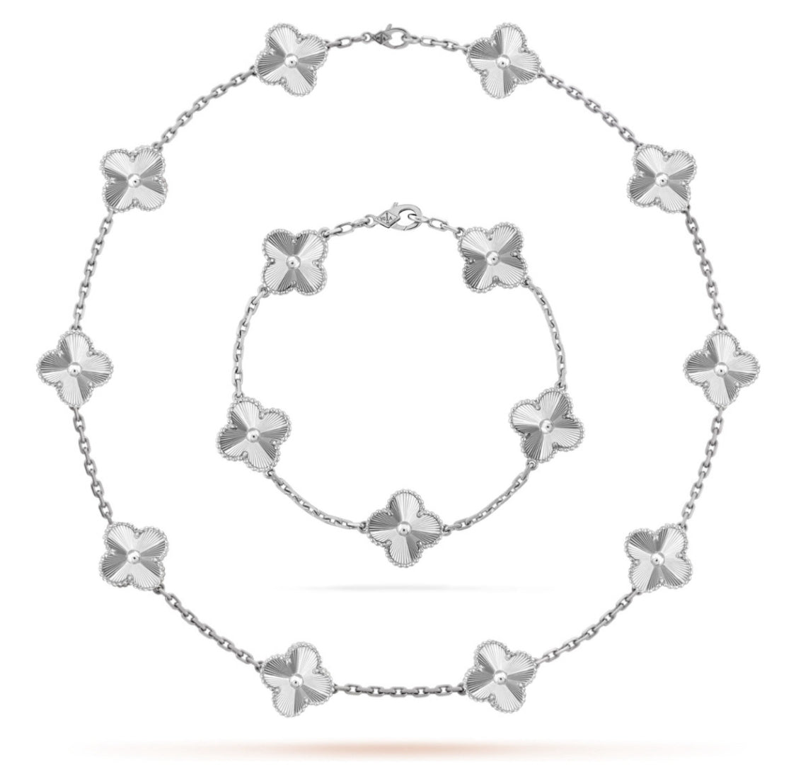 Conjunto Alhambra Trevo Colar 10 Trevos e Pulseira Brilhante - Prata de Lei