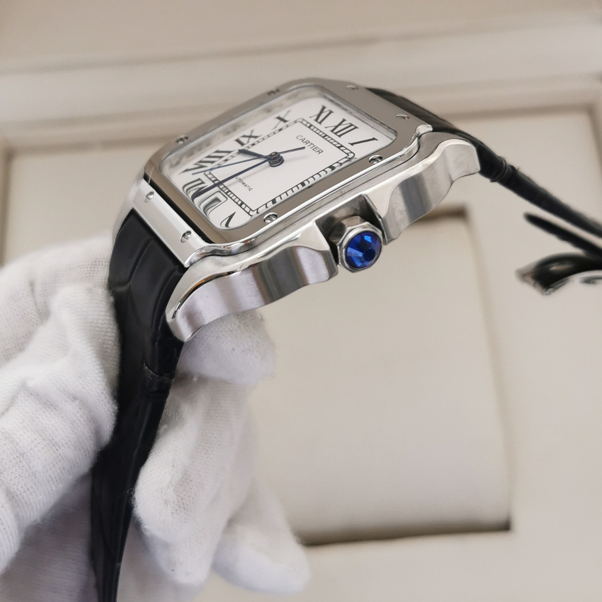 Relógio Santos de Cartier Large Prata Pulseira de Couro