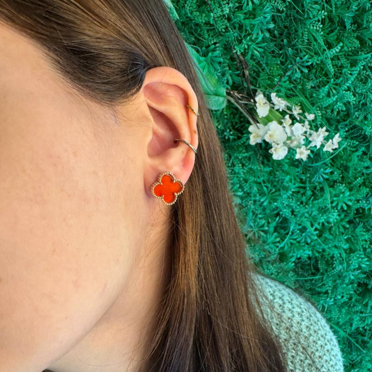 Conjunto Alhambra Trevo Colar e Brinco Vermelho - Ouro 18K