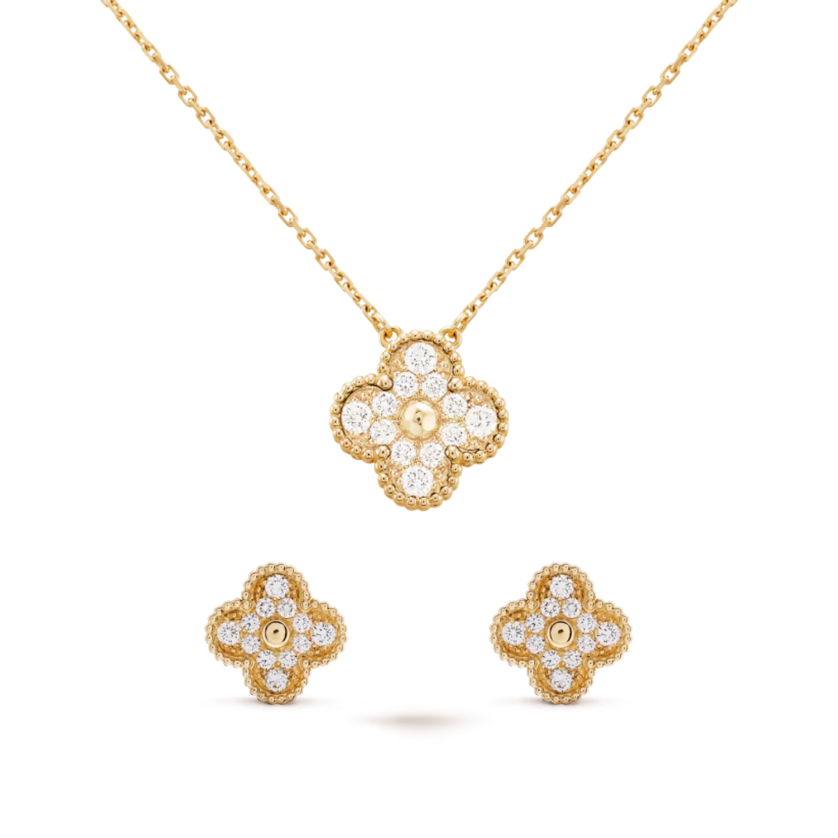 Conjunto Alhambra Trevo Colar 10 Trevos e Pulseira Cravejado Snowflake - Ouro 18K