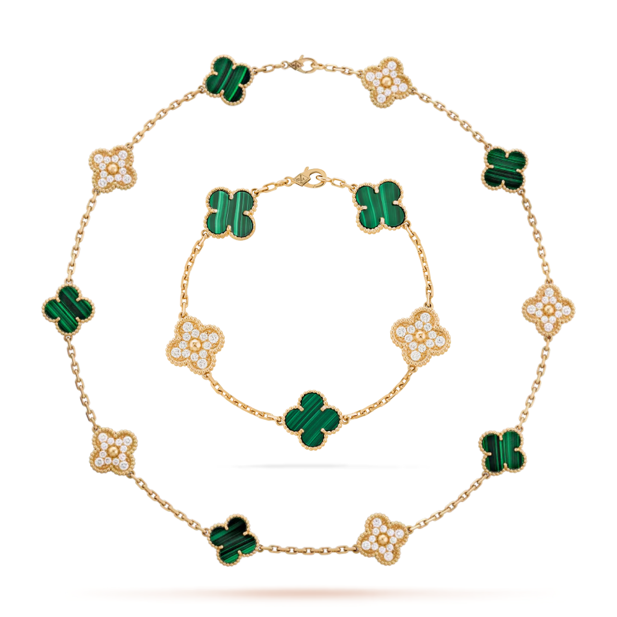 Conjunto Alhambra Trevo Colar 10 Trevos e Pulseira SnowFlake Verde - Ouro 18K