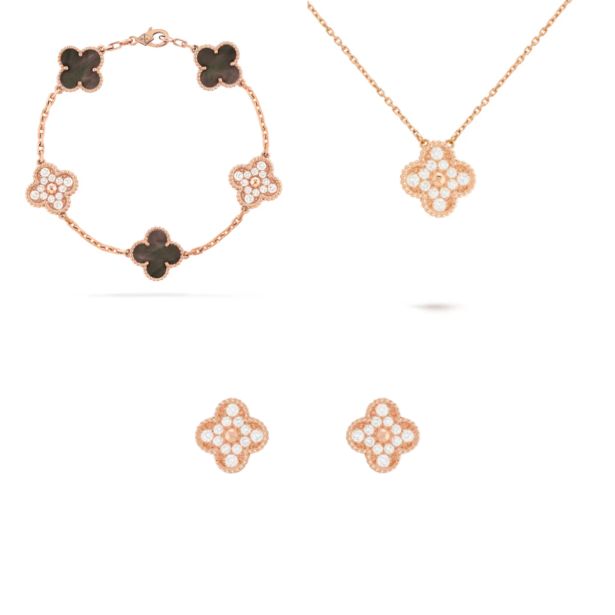 Conjunto Alhambra Trevo Colar, Pulseira e Brinco Cravejado Snowflake - Ouro Rose