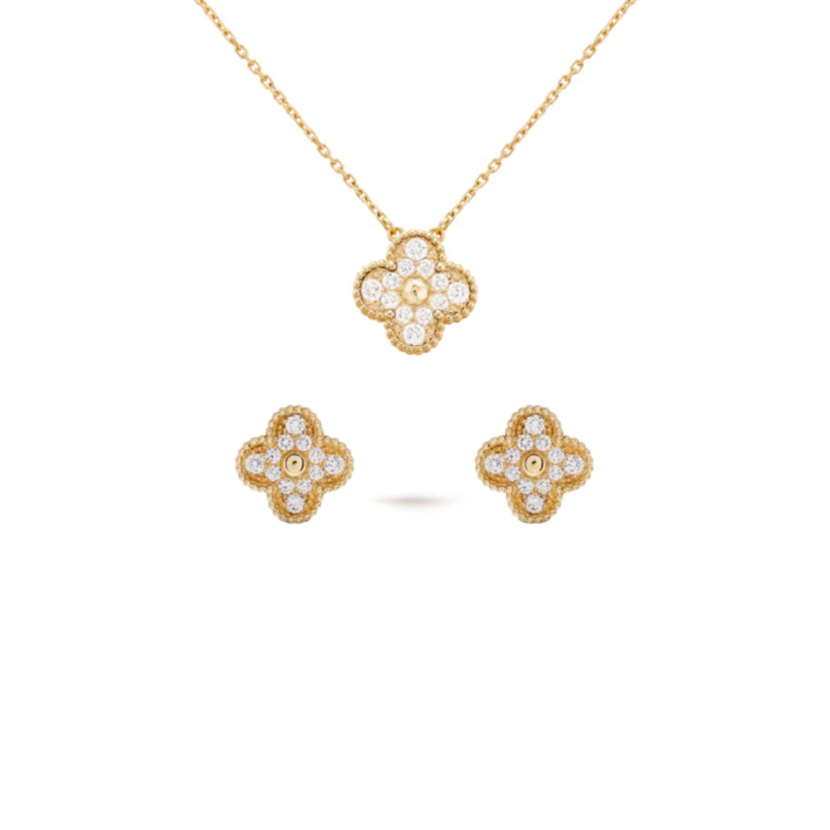 Conjunto Alhambra Trevo Colar unico e Brinco Snowflake - Ouro 18K