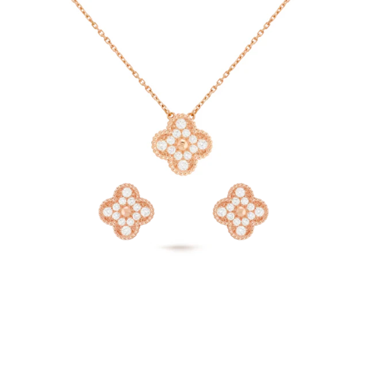 Conjunto Alhambra Trevo Colar unico e Brinco Snowflake - Ouro Rose