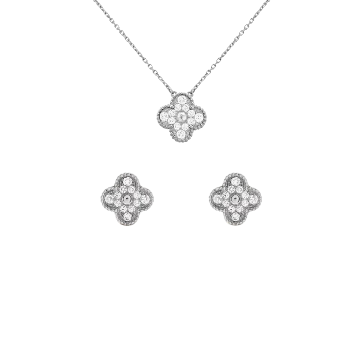 Conjunto Alhambra Trevo Colar unico e Brinco Snowflake - Prata De Lei