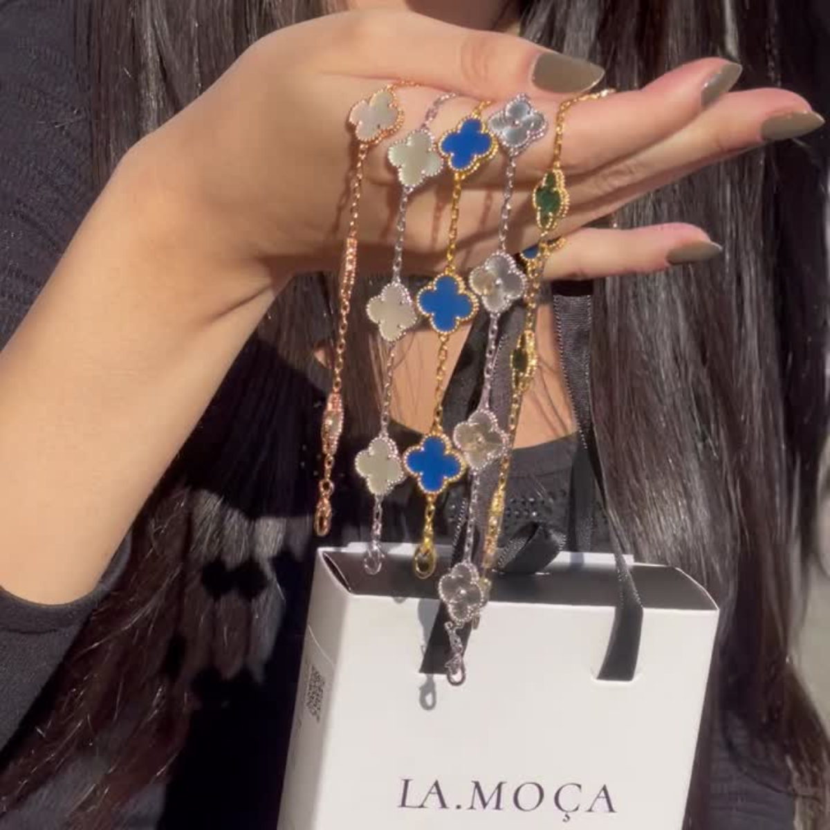 Pulseira Vintage Alhambra 5 Trevos Preto - Prata de Lei
