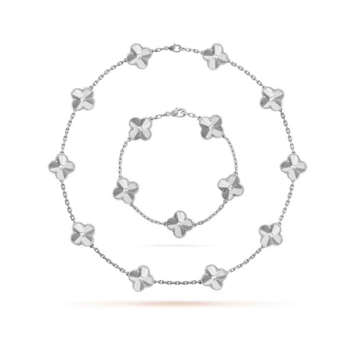 Conjunto Trevo Colar 10 Trevos e Pulseira Brilhante - Prata de Lei