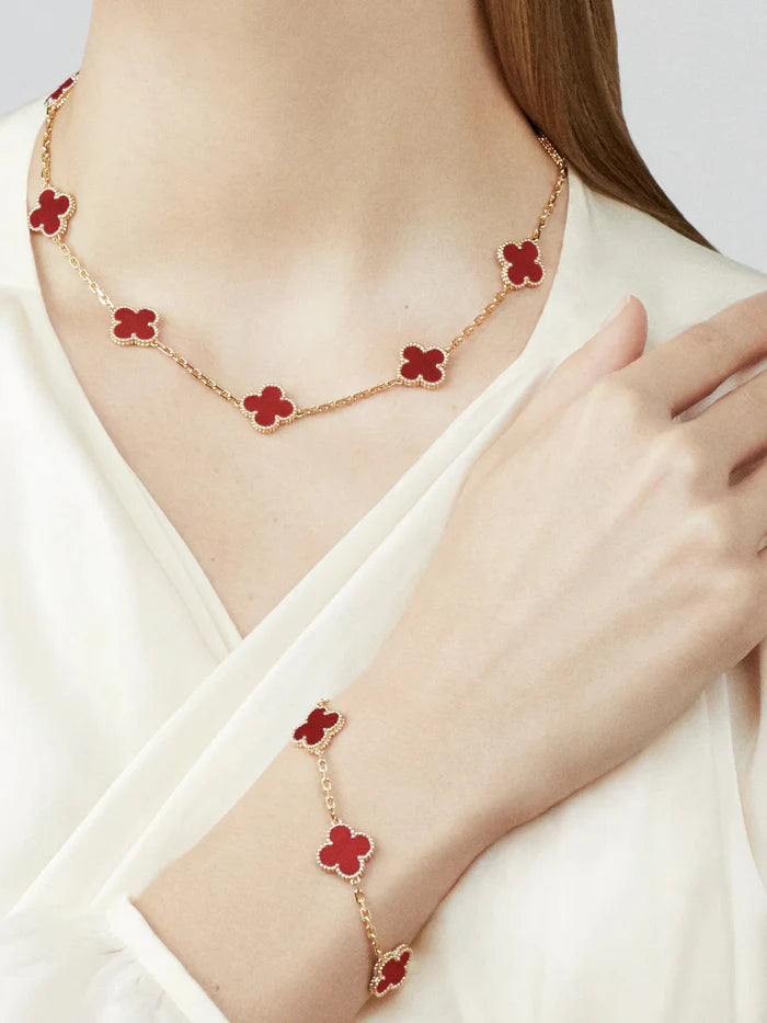 Colar Vintage Alhambra 10 Trevos Vermelho - Ouro 18K